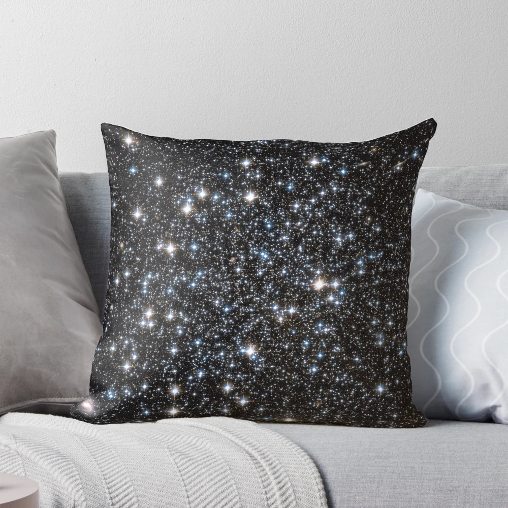 Glittering galaxy-themed throw pillow with nebula and stars, perfect for sci-fi and astronomy home decor