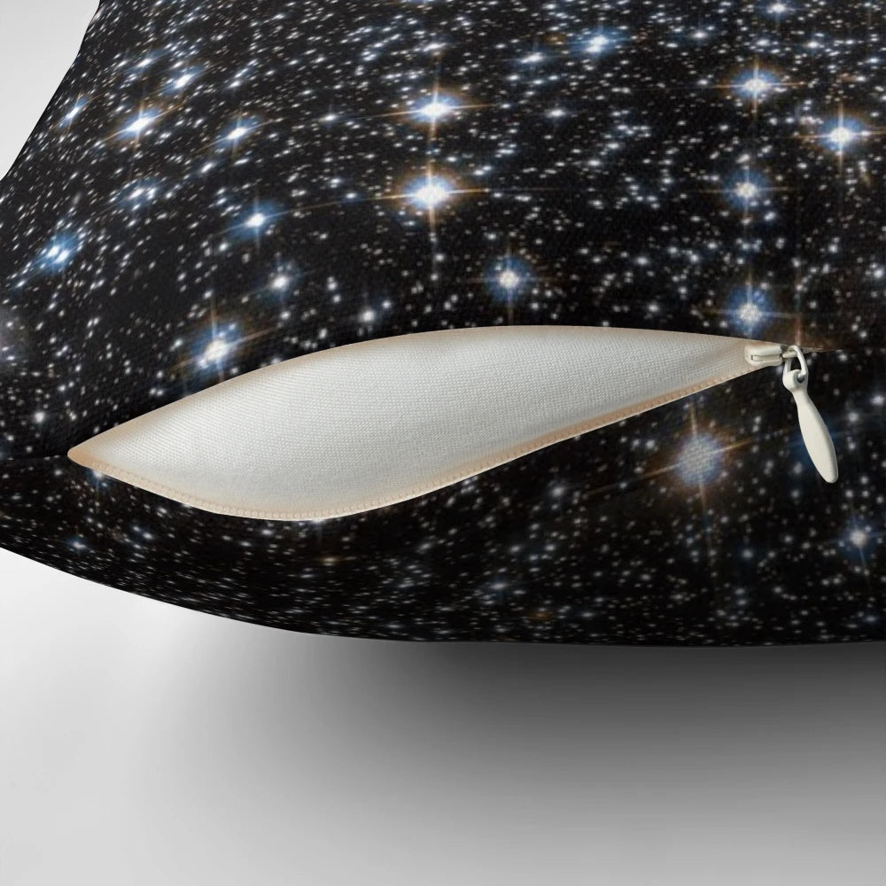 Glittering galaxy-themed throw pillow with nebula and stars, perfect for sci-fi and astronomy home decor