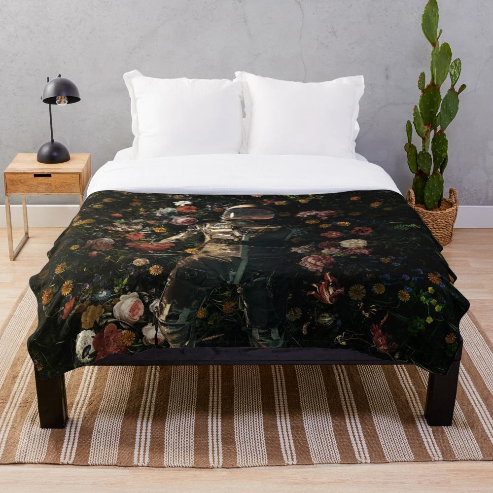 Cosmic Garden Plush Blanket with Floral and Space Motifs