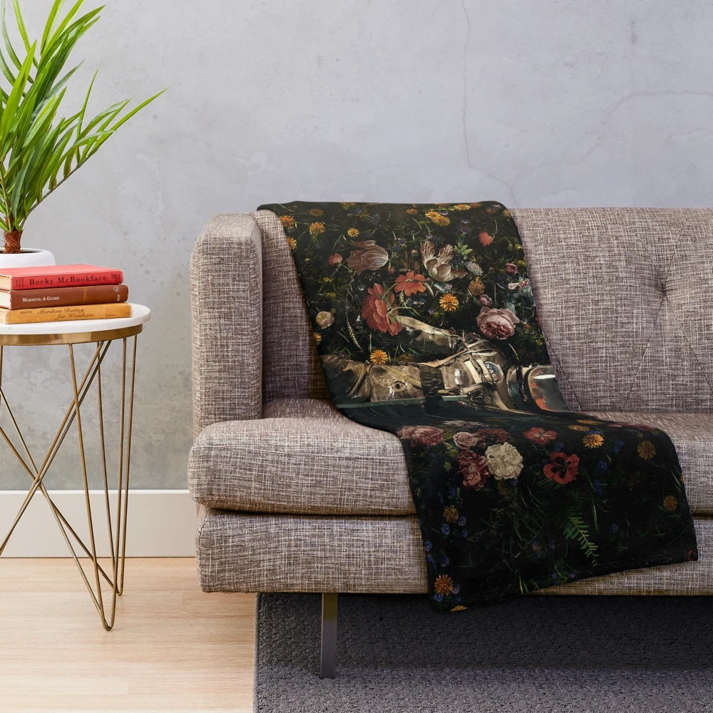 Cosmic Garden Plush Blanket with Floral and Space Motifs