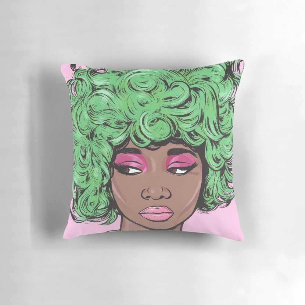 A vibrant pillow featuring a green-haired kawaii comic girl in a cosmic goddess style, created by a Vermont artist.