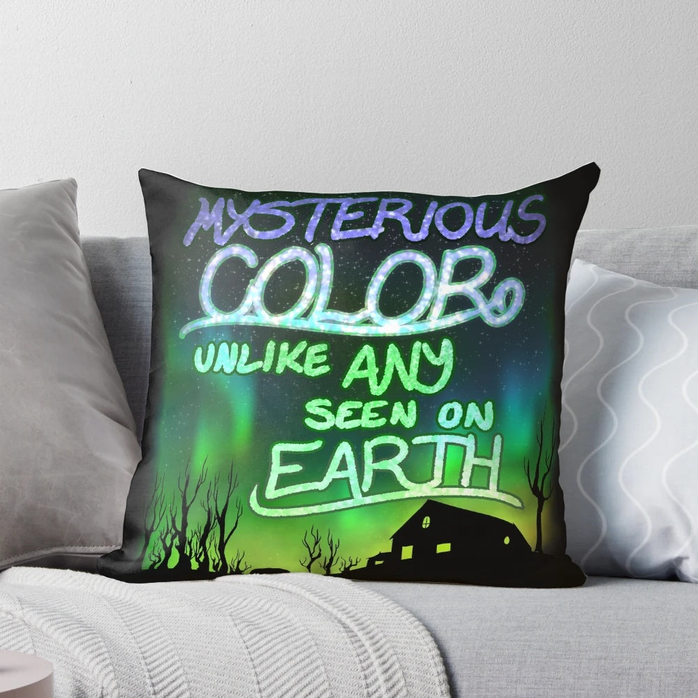 Mysterious colored pillow with an otherworldly, eldritch design perfect for Lovecraft fans and horror home decor enthusiasts.