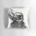 A black and white graphic design pillow featuring an abstract, surrealist depiction of an astronaut, space, stars, and cosmic elements.