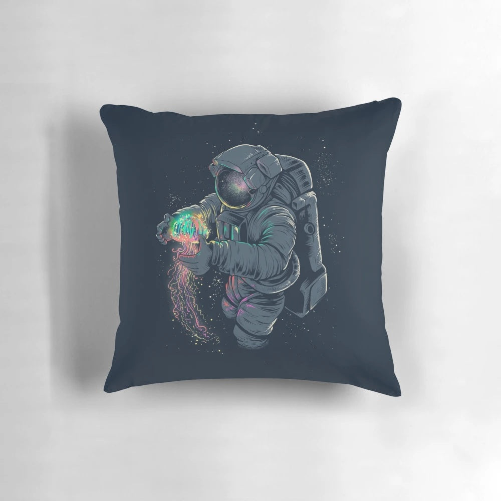 Jellyspace Pillow featuring a vibrant, neon design of jellyfish floating in a galactic, psychedelic space scene