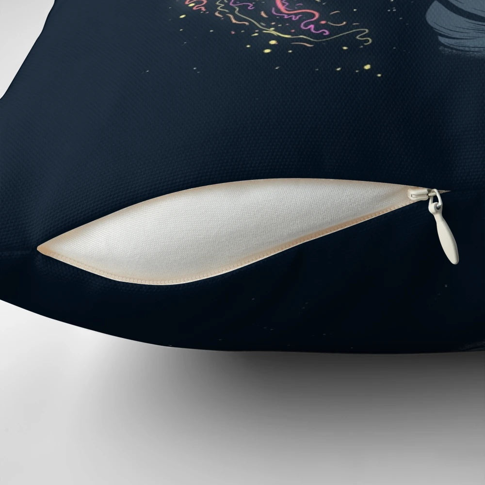 Jellyspace Pillow featuring a vibrant, neon design of jellyfish floating in a galactic, psychedelic space scene