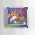 Colorful and whimsical pillow featuring a laser-eyed cat floating in a space-themed design with planets, stars, and nebulae.