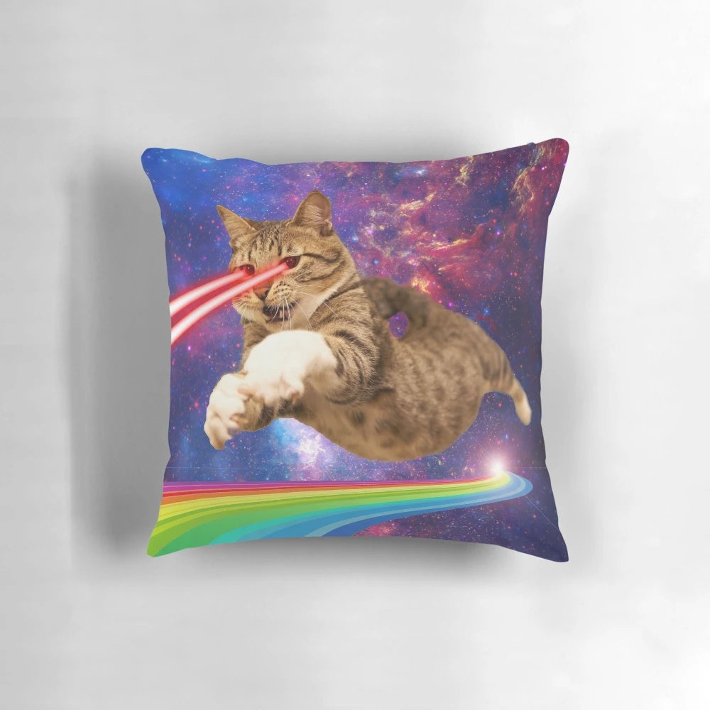Colorful and whimsical pillow featuring a laser-eyed cat floating in a space-themed design with planets, stars, and nebulae.