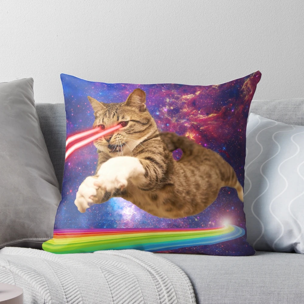 Colorful and whimsical pillow featuring a laser-eyed cat floating in a space-themed design with planets, stars, and nebulae.