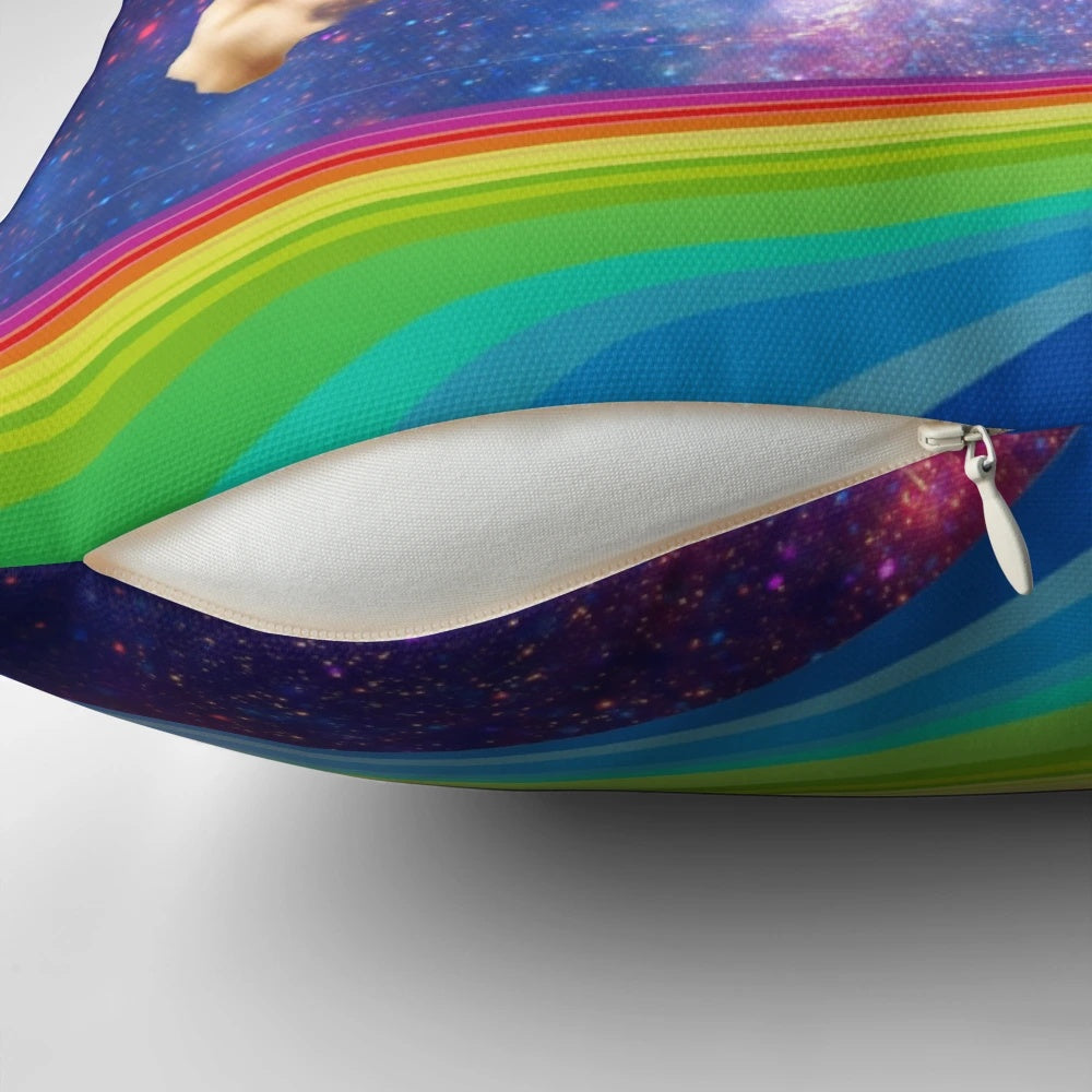 Colorful and whimsical pillow featuring a laser-eyed cat floating in a space-themed design with planets, stars, and nebulae.