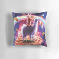 Colorful pillow featuring a cat with laser eyes riding a unicorn-llama hybrid in a cosmic, galaxy-themed design.