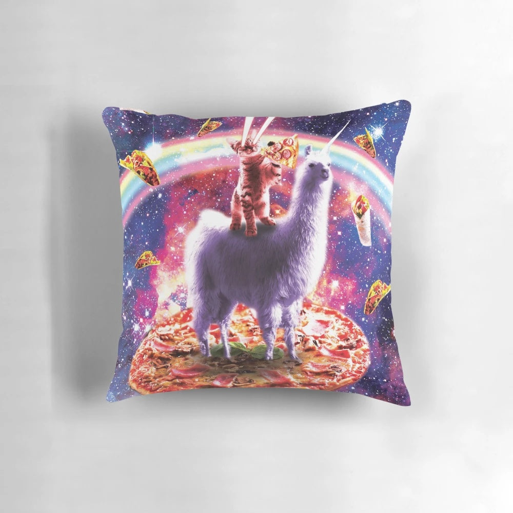 Colorful pillow featuring a cat with laser eyes riding a unicorn-llama hybrid in a cosmic, galaxy-themed design.
