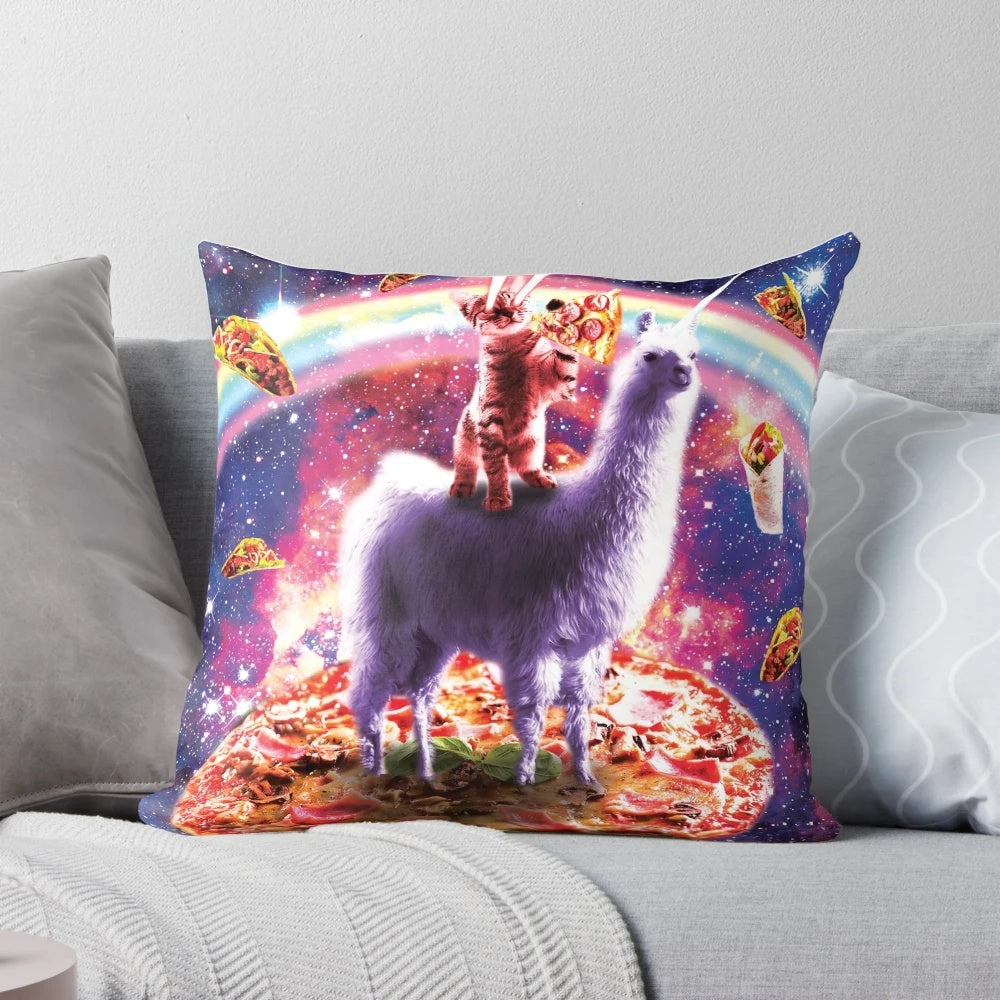 Colorful pillow featuring a cat with laser eyes riding a unicorn-llama hybrid in a cosmic, galaxy-themed design.