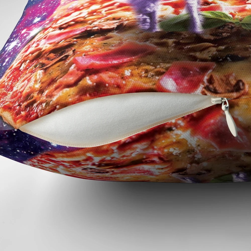 Colorful pillow featuring a cat with laser eyes riding a unicorn-llama hybrid in a cosmic, galaxy-themed design.