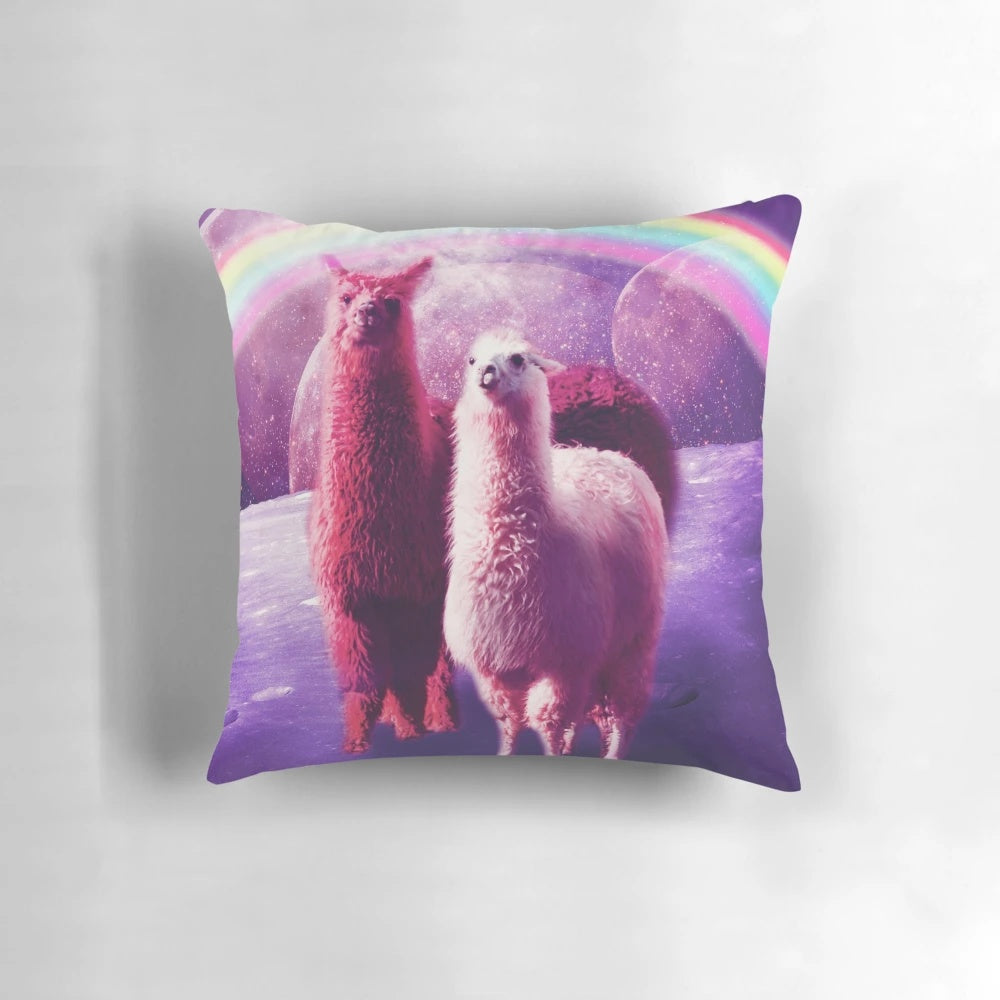 Colorful, cosmic llama in space design printed on a soft, plush throw pillow