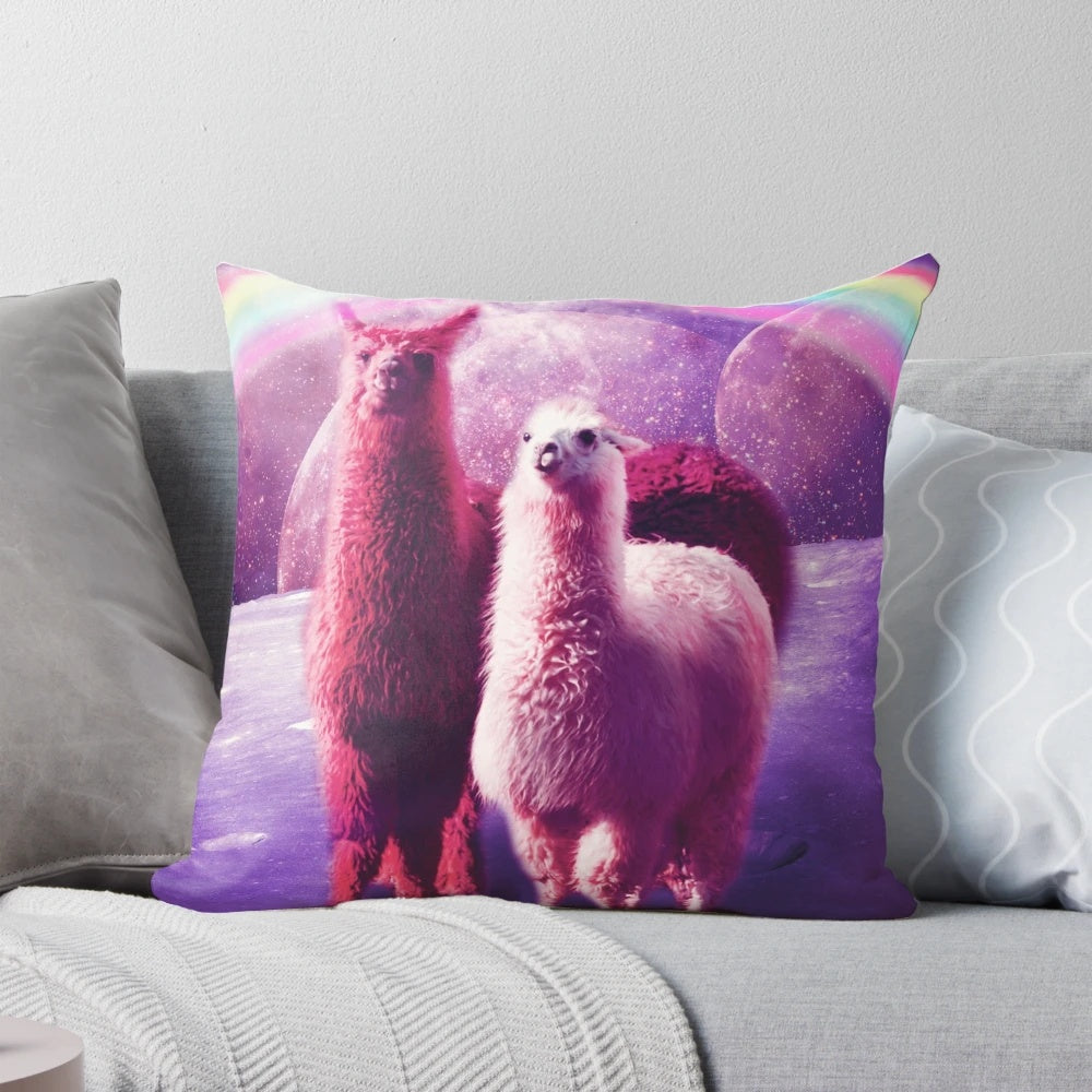 Colorful, cosmic llama in space design printed on a soft, plush throw pillow