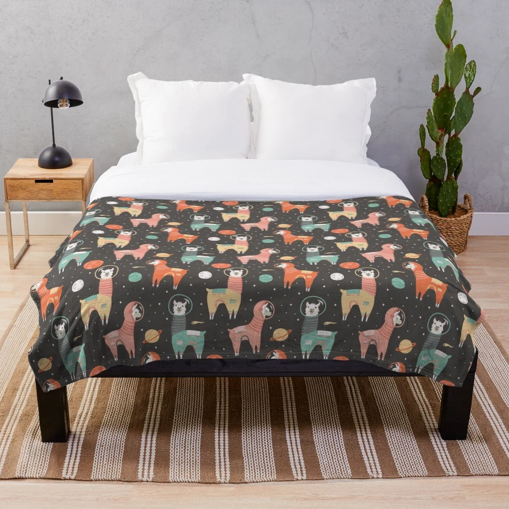 Astronaut Llama Plush Blanket with Celestial Patterns