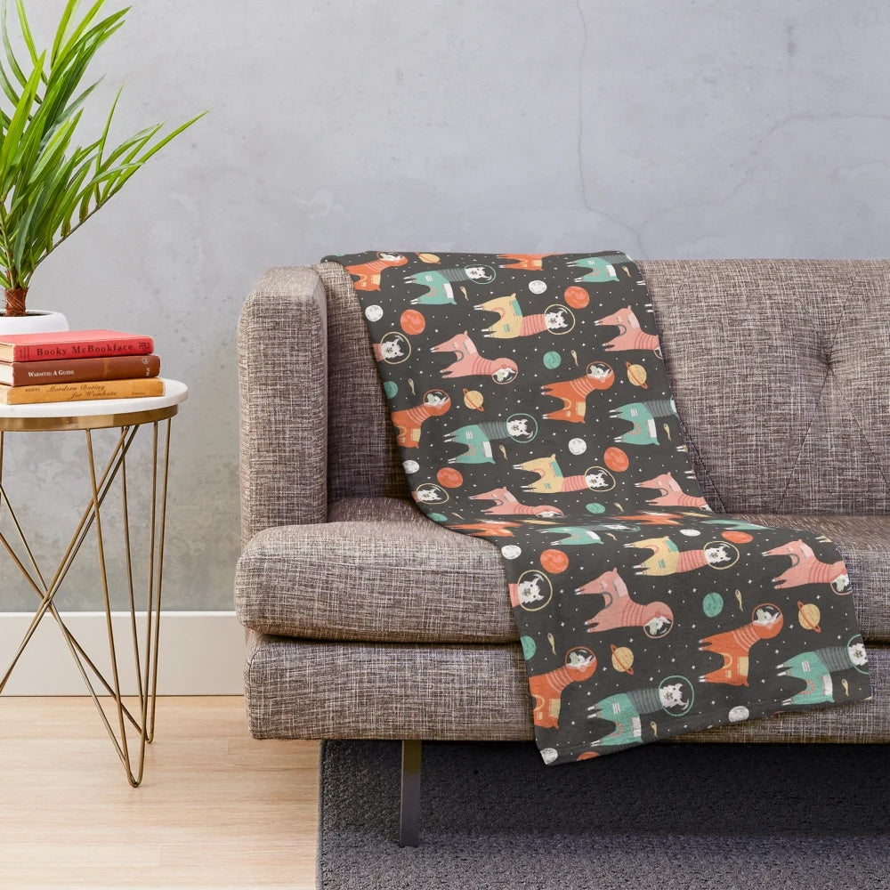 Astronaut Llama Plush Blanket with Celestial Patterns