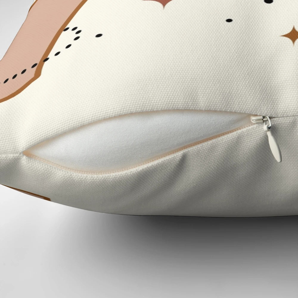 Cosmic-themed pillow with a hand-drawn design of hands forming a love symbol against a starry, galaxy-inspired background.