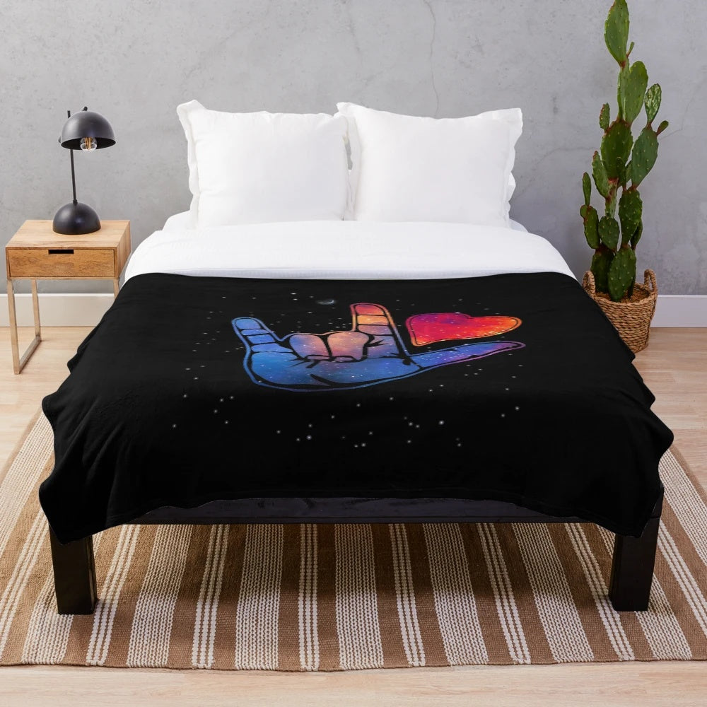 Plush blanket with love symbol in sign language design
