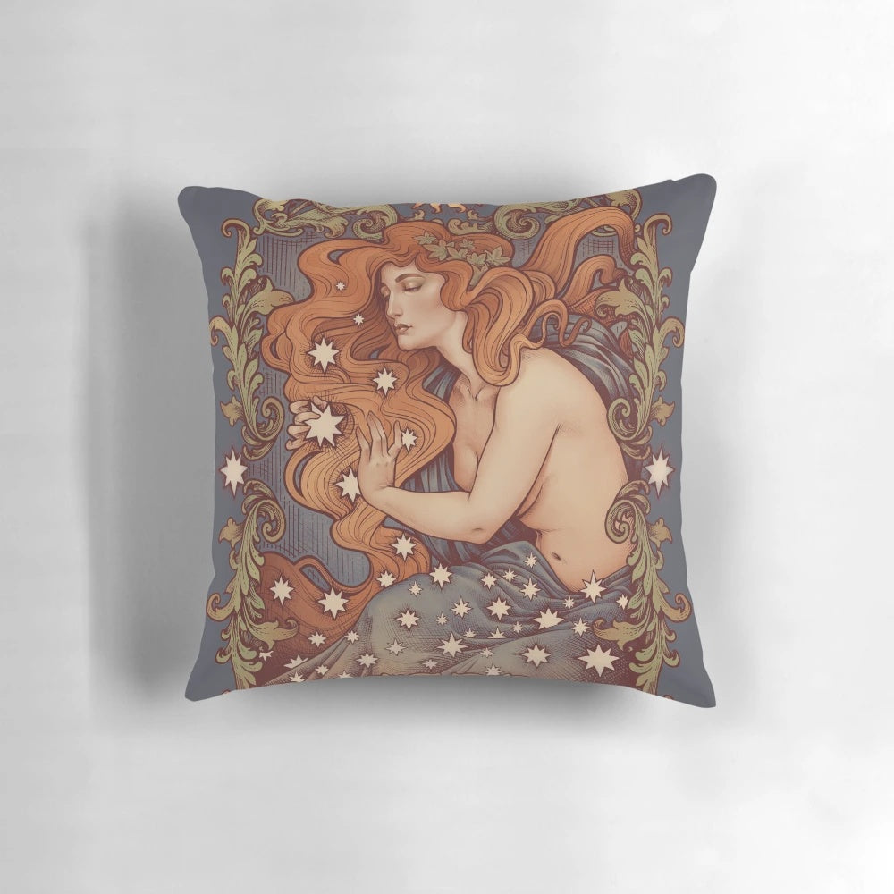 Vintage cosmic lovers art nouveau engraving design on a plush pillow.