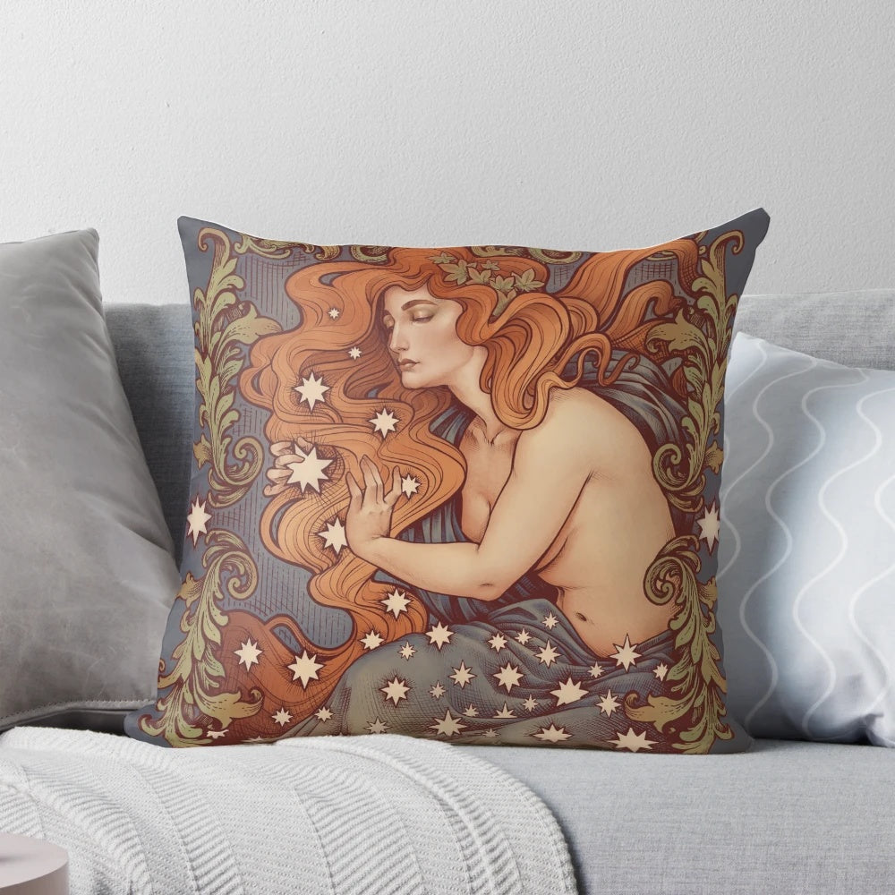 Vintage cosmic lovers art nouveau engraving design on a plush pillow.