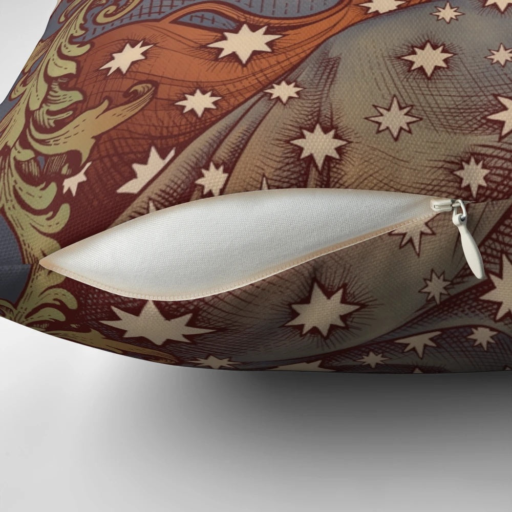 Vintage cosmic lovers art nouveau engraving design on a plush pillow.
