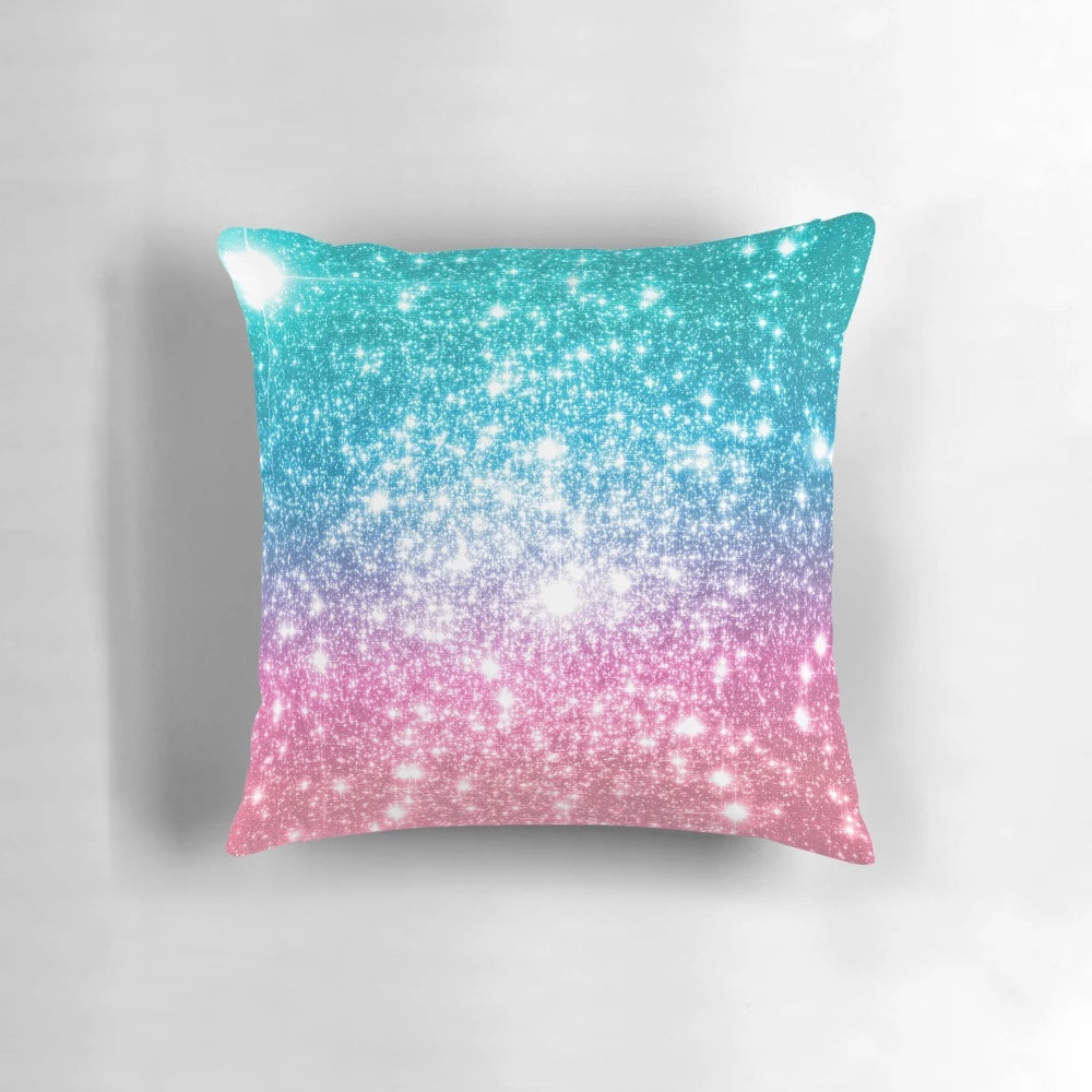 Vibrant mermaid-themed decorative pillow with galaxy-inspired sparkle stars in shimmering teal, lavender, and blue hues.