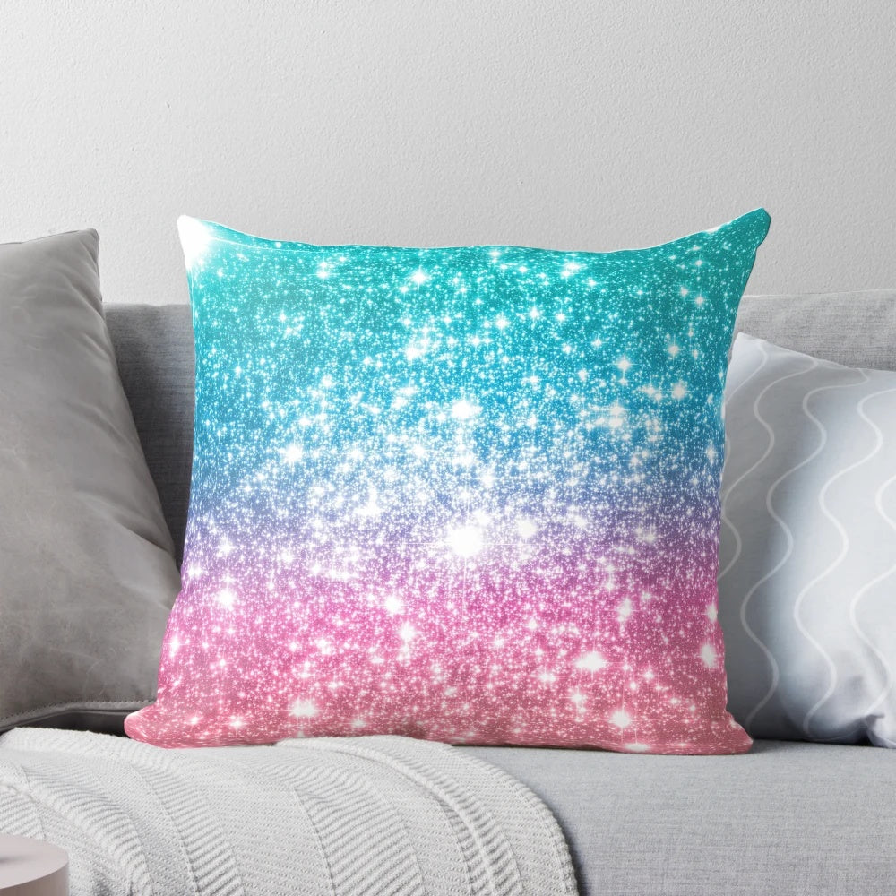 Vibrant mermaid-themed decorative pillow with galaxy-inspired sparkle stars in shimmering teal, lavender, and blue hues.