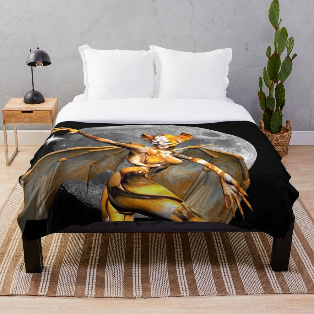 Colorful moon creature plush blanket with abstract floral and celestial patterns