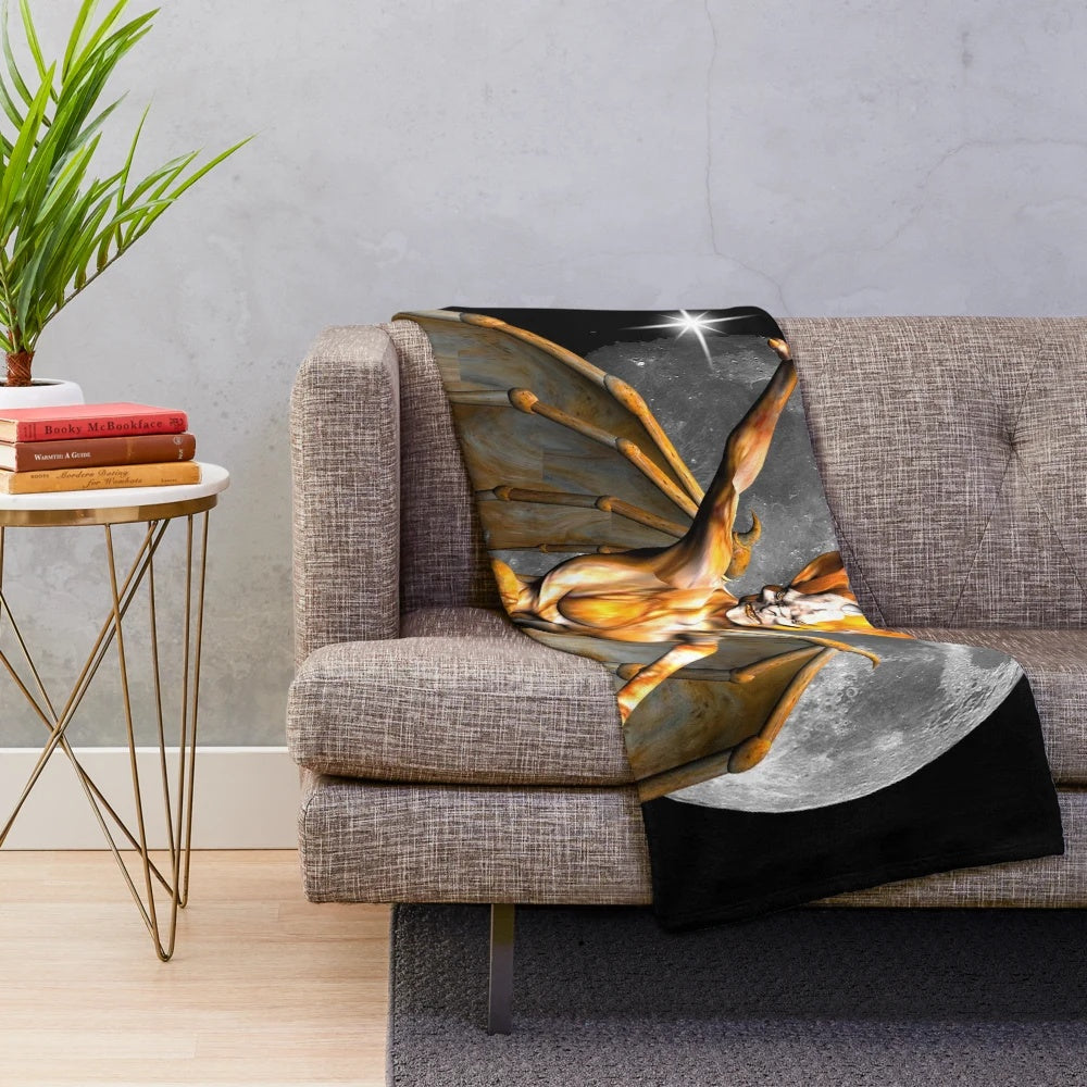 Colorful moon creature plush blanket with abstract floral and celestial patterns