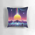 Vibrant neon sunrise-themed pillow with retro-futuristic space and cyberpunk design elements