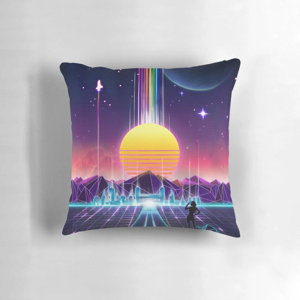 Vibrant neon sunrise-themed pillow with retro-futuristic space and cyberpunk design elements