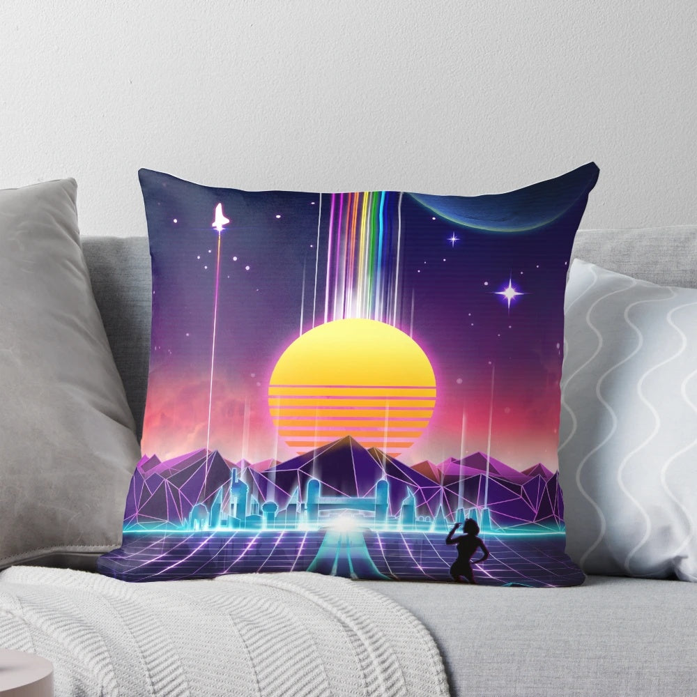Vibrant neon sunrise-themed pillow with retro-futuristic space and cyberpunk design elements