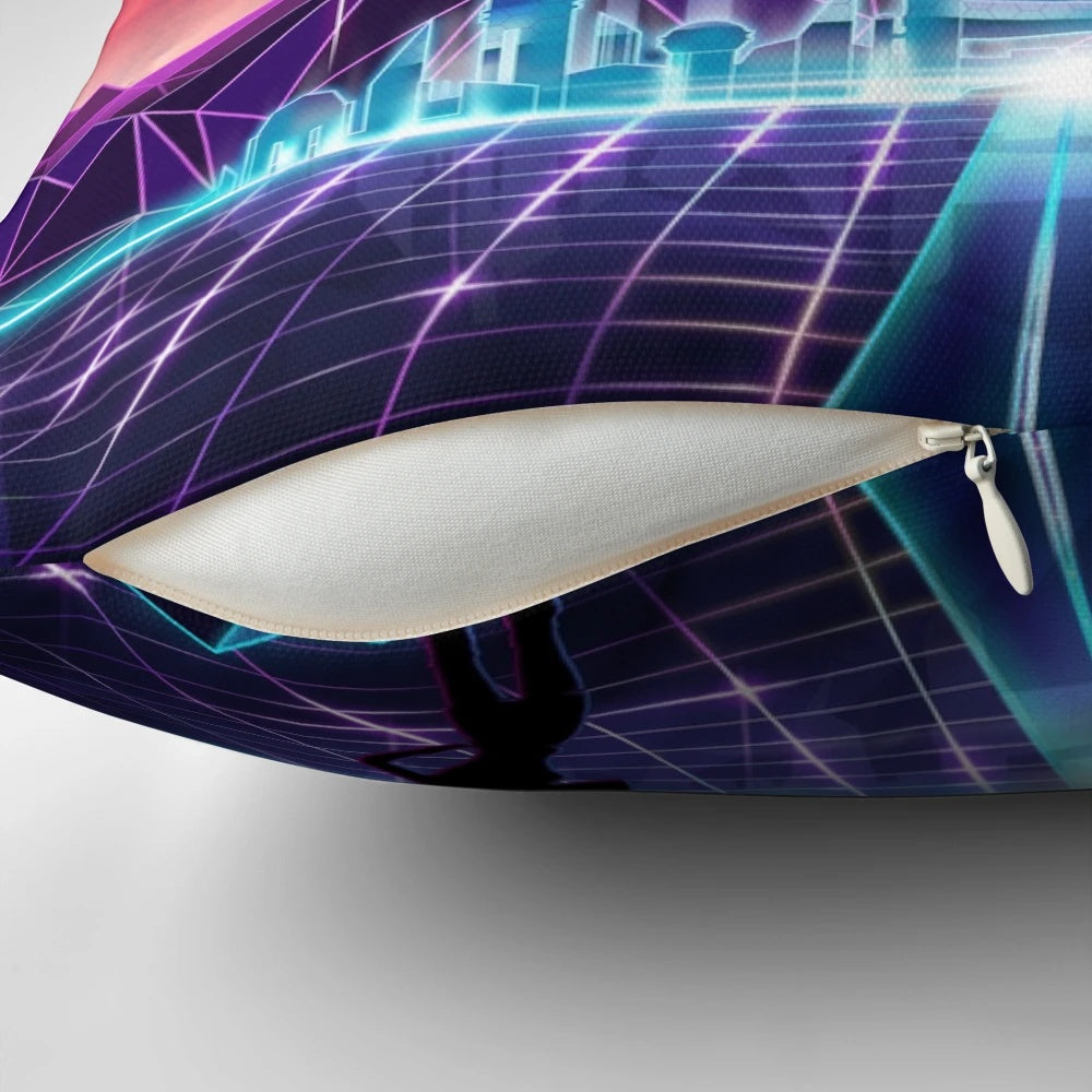 Vibrant neon sunrise-themed pillow with retro-futuristic space and cyberpunk design elements
