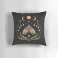 A Pillow with a beautiful night sky design featuring a moth, butterflies, and flowers under three moons