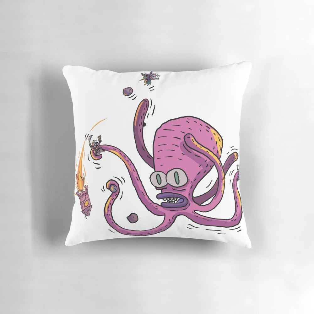 A plush, pink pillow featuring a whimsical space octopus design.