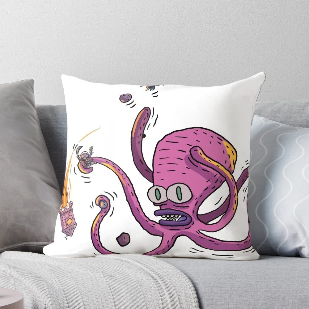 A plush, pink pillow featuring a whimsical space octopus design.