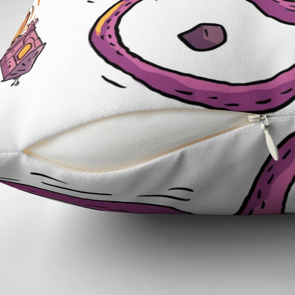 A plush, pink pillow featuring a whimsical space octopus design.