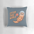 A cozy pillow featuring a cute otter astronaut floating in space, surrounded by stars.