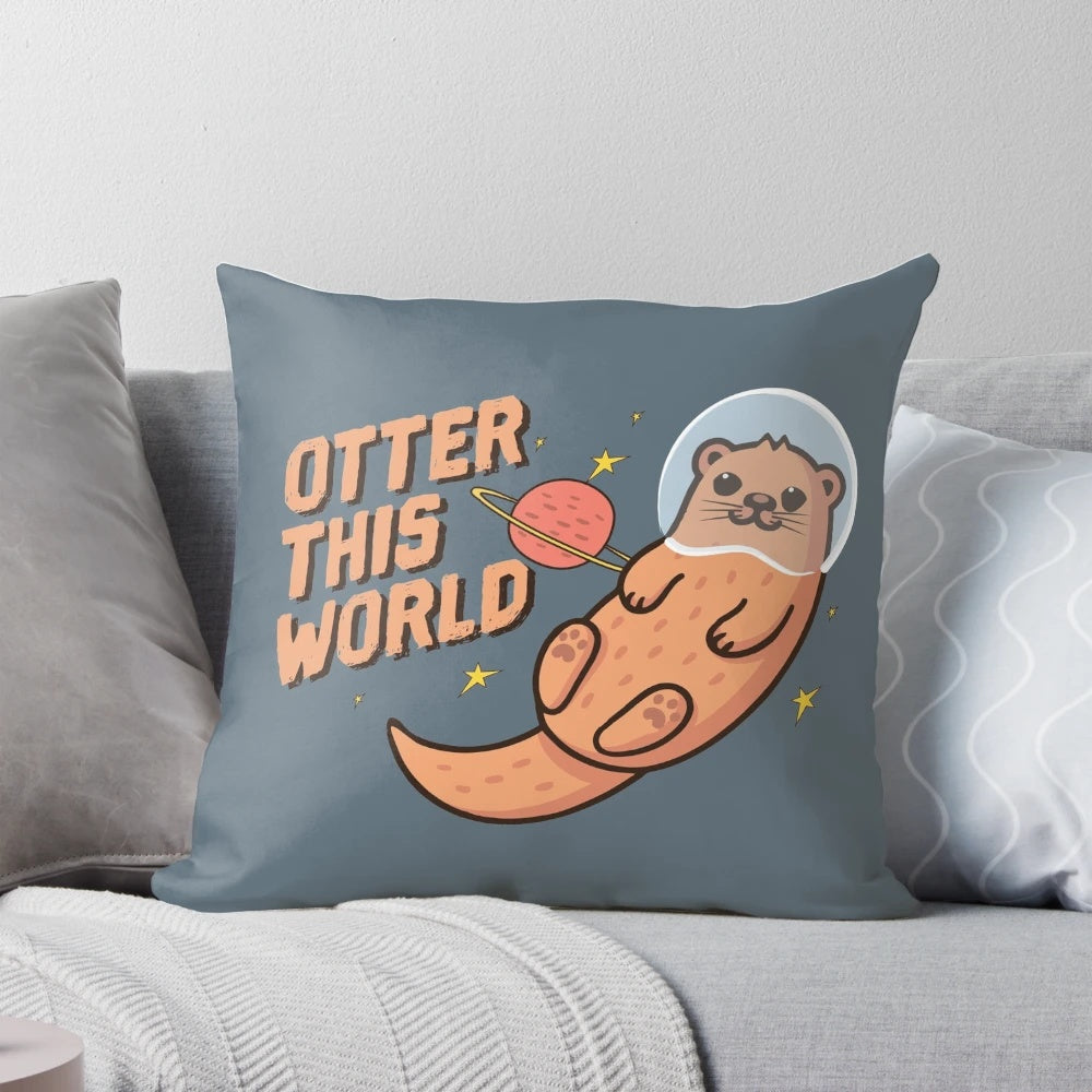 A cozy pillow featuring a cute otter astronaut floating in space, surrounded by stars.