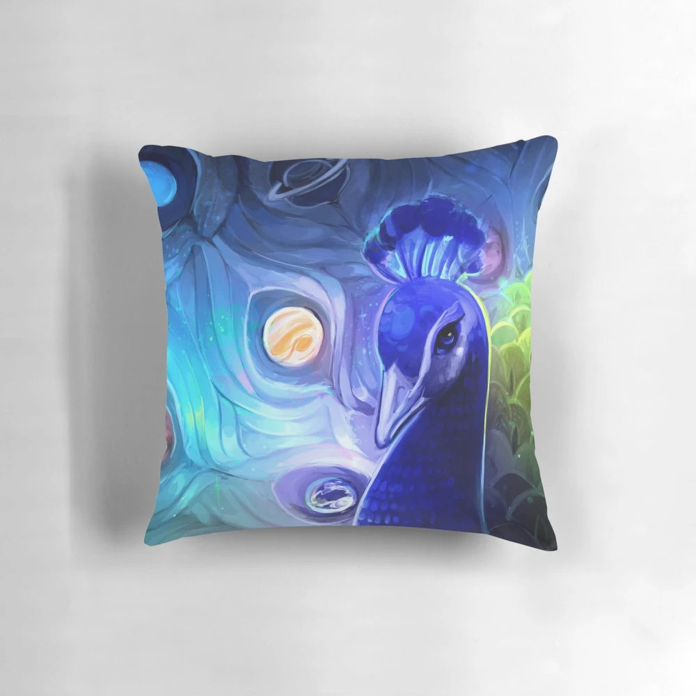 Vibrant peacock feather pillow with a stunning galaxy and space design
