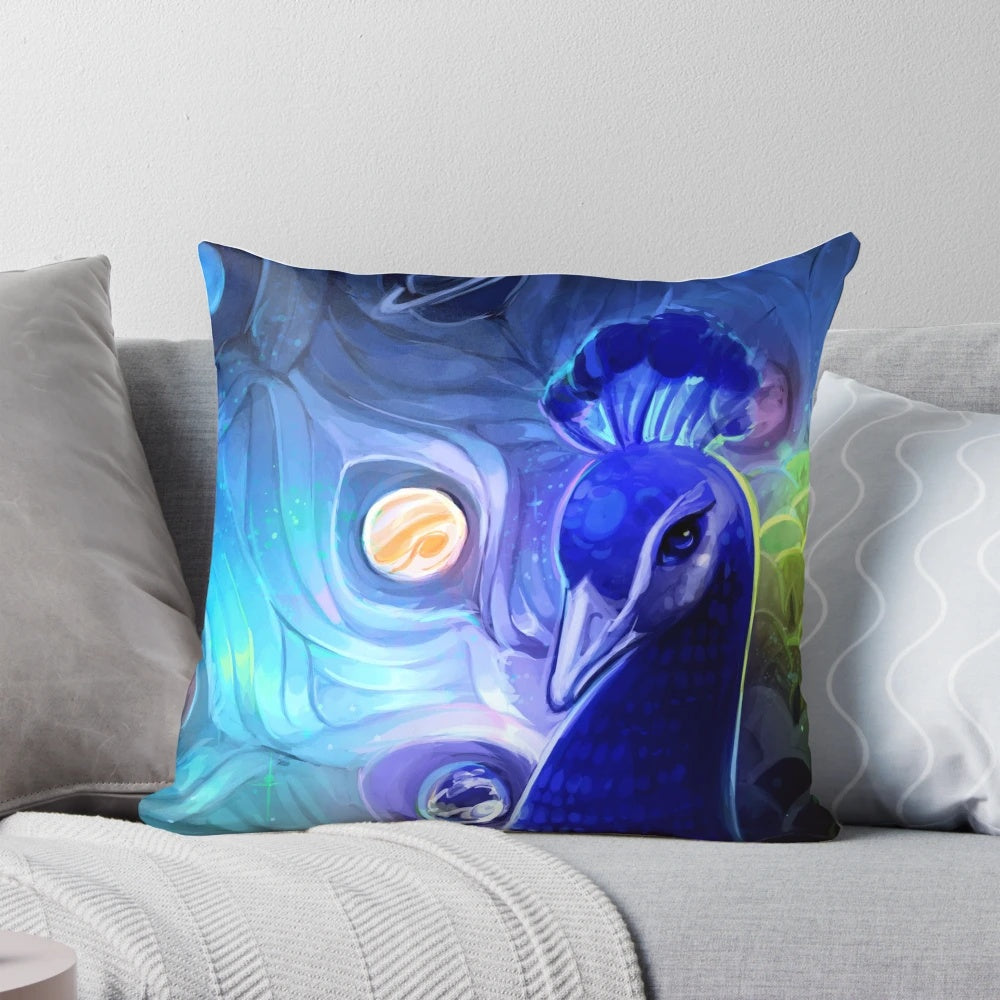Vibrant peacock feather pillow with a stunning galaxy and space design