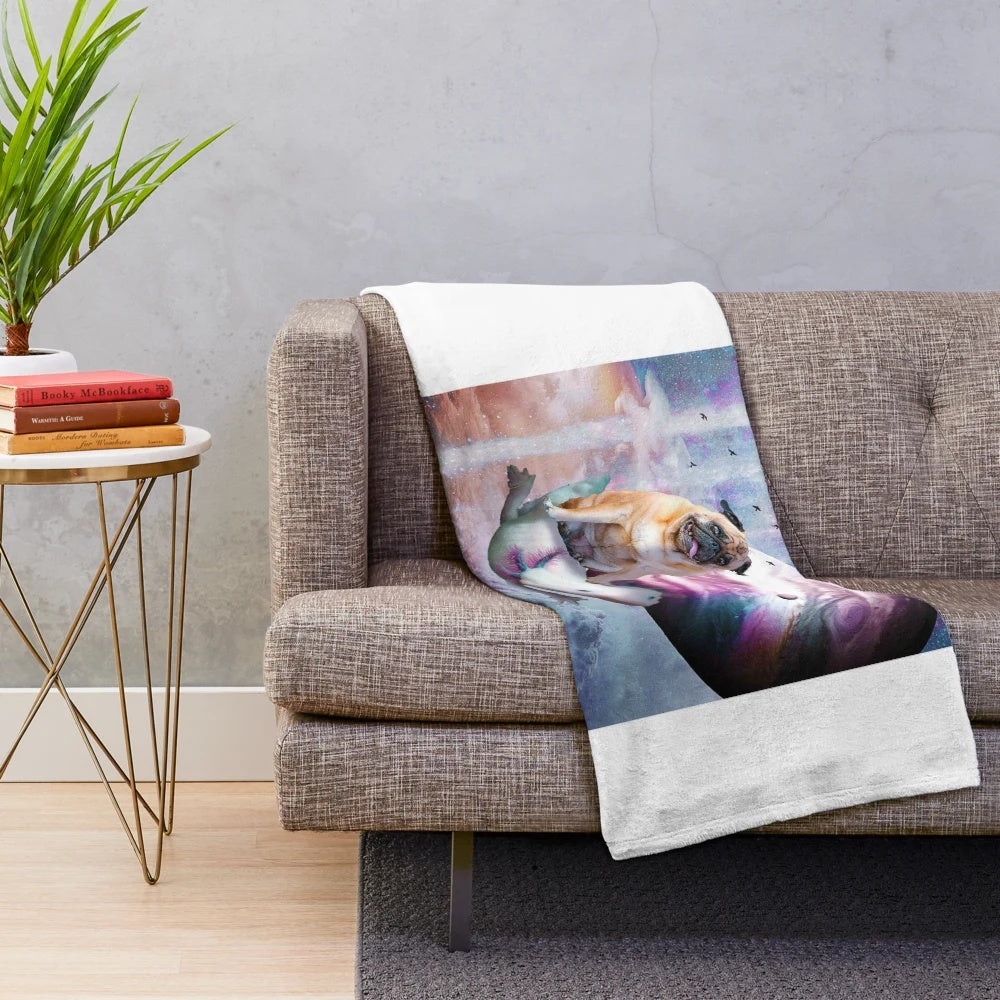 Space pug dog riding axolotl plush blanket