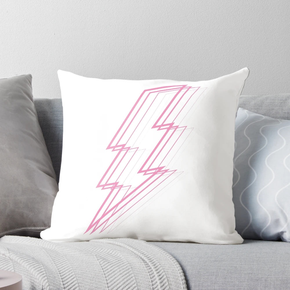 Pink lightning bolt design on a fluffy white pillow, symbolizing cosmic radiance.