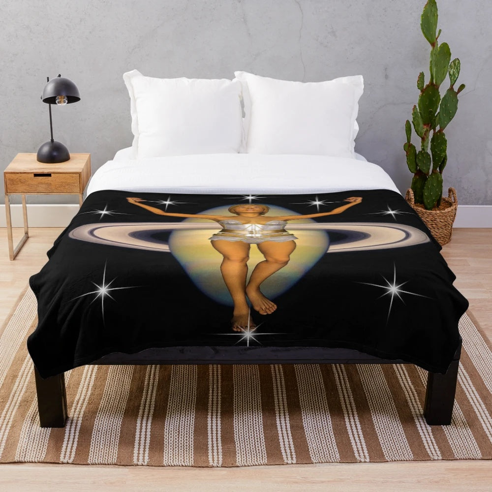 Colorful cosmic plush blanket with abstract galaxy and Saturn design