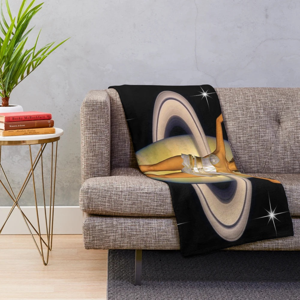 Colorful cosmic plush blanket with abstract galaxy and Saturn design