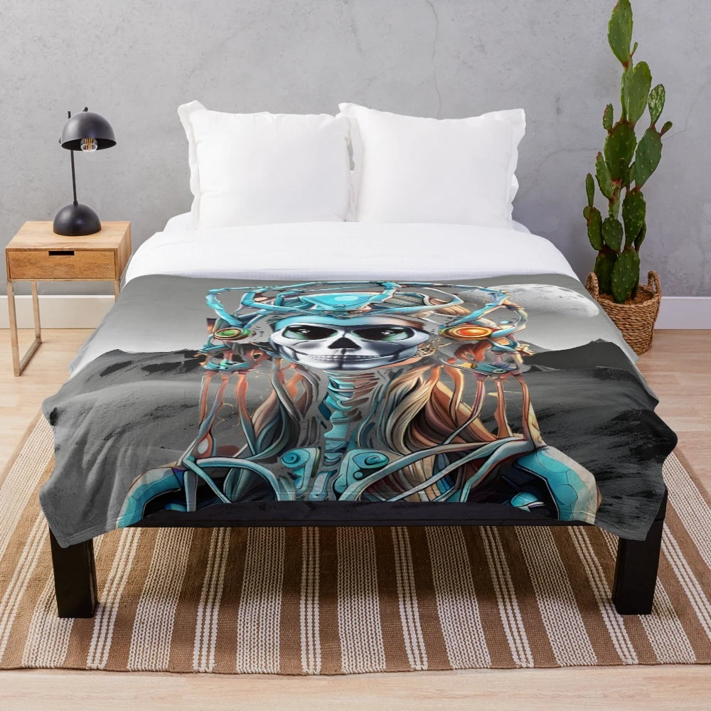 Cosmic plush blanket with alien design and extraterrestrial motifs
