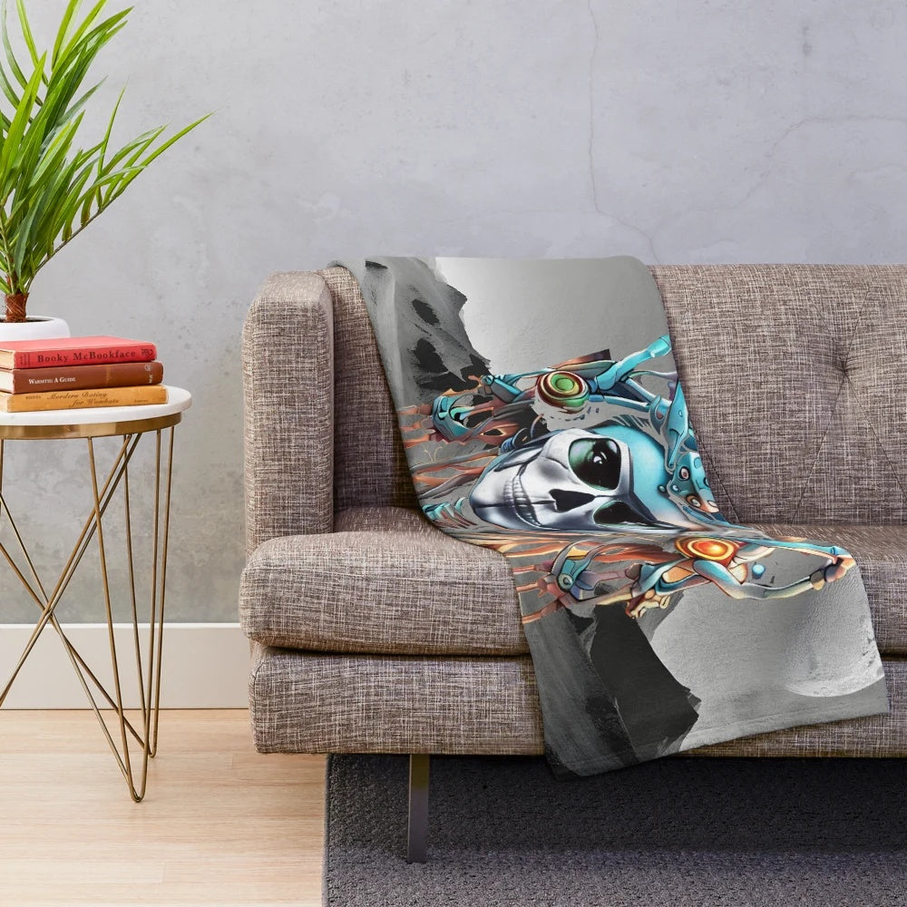 Cosmic plush blanket with alien design and extraterrestrial motifs