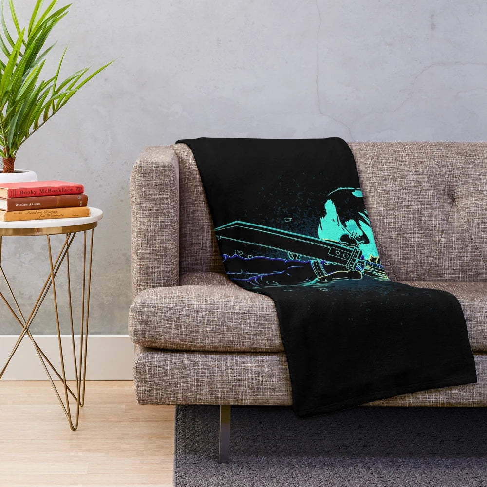 Plush blanket with cosmic design, featuring a fantasy warrior figure