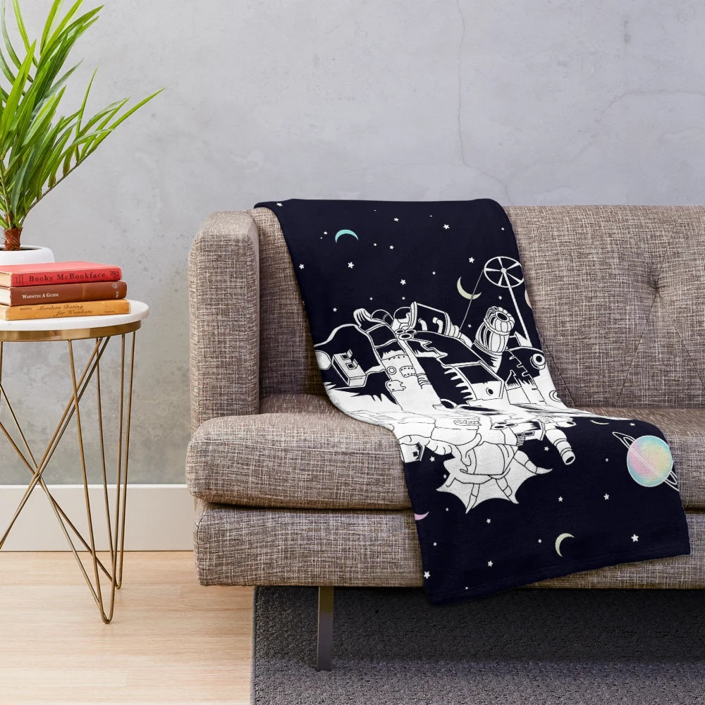 Plush blanket with cosmic space and pastel color vector art design inspired by Studio Ghibli's Howl's Moving Castle